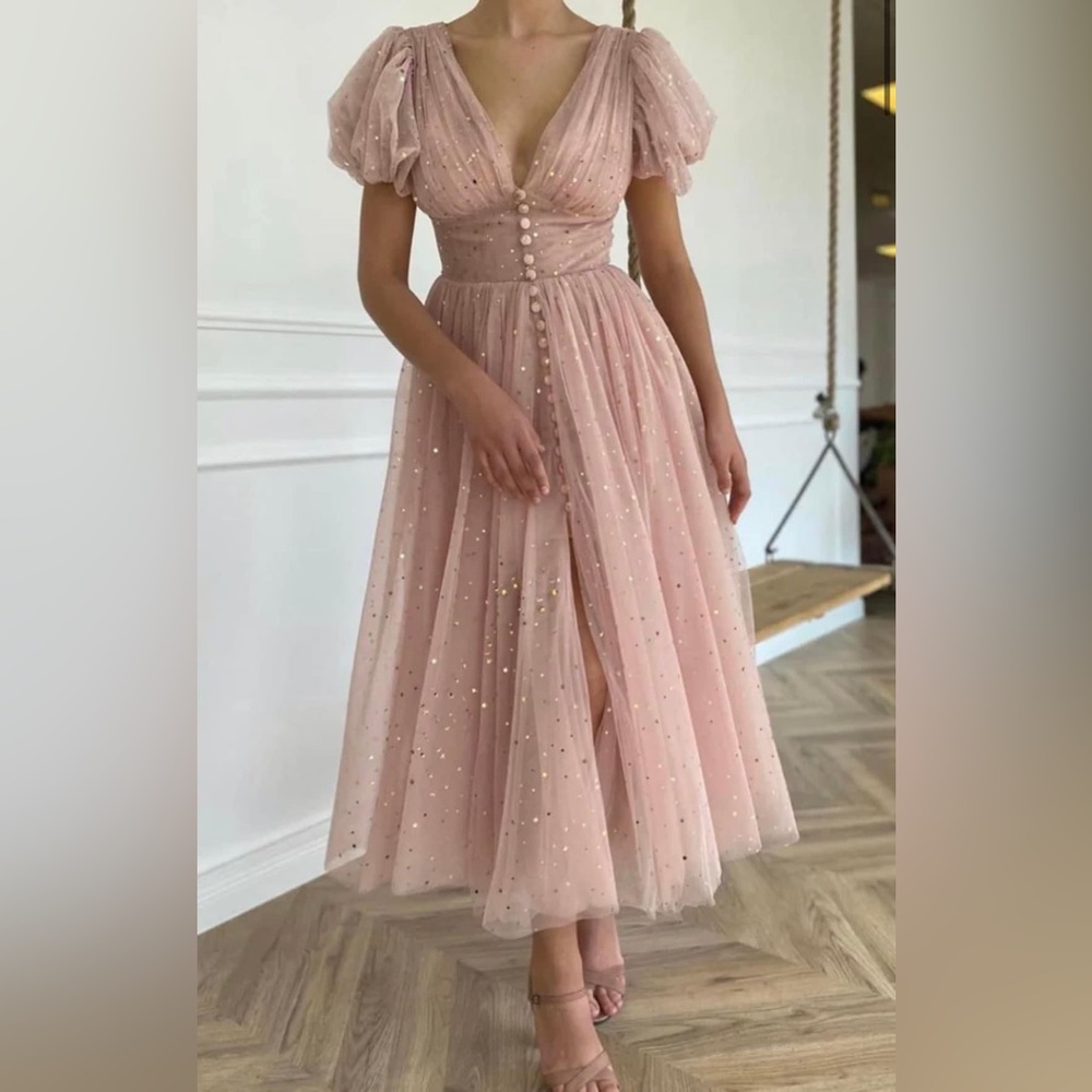 Teuta Matoshi Blush Pink Tulle Prom Dress with Sequin Detail
